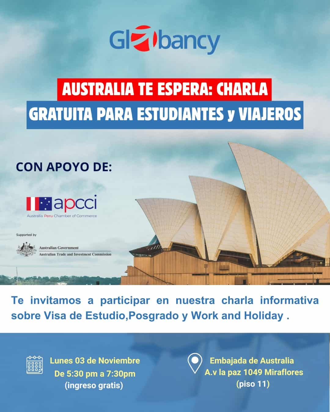 Charla Peru 3 De Noviembre Folleto del evento Australia Te Espera